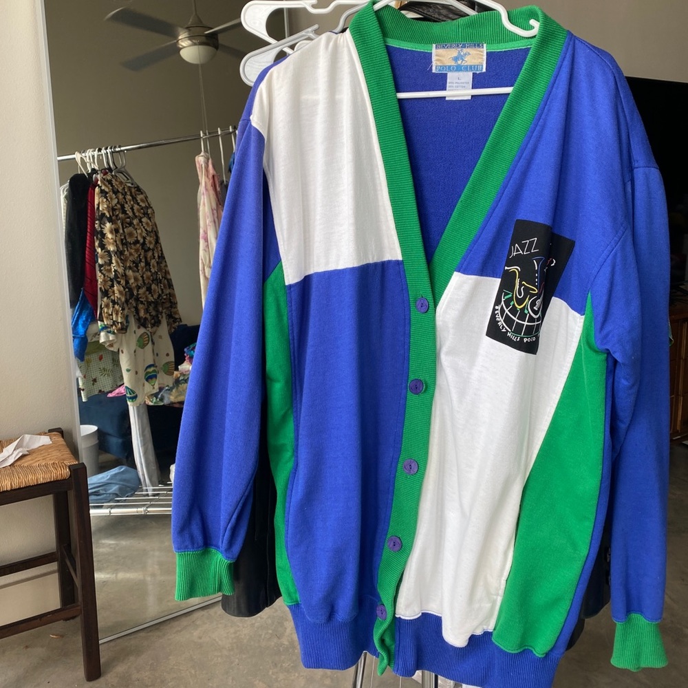 VINTAGE 1989 “Beverly Hills Polo Club” Jazz Jazz Jazz Colorblock Cardigan